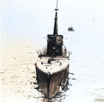 Bow view of USS Cabrilla during her sea trials, Jun 1943