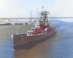 USS Canberra off the San Francisco Naval Shipyard just prior to her inactivation work, California, United States, 1 Oct 1969; San Francisco Bay Bridge in background