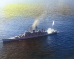 Guided missile cruiser Canberra firing a Terrier guided missile during training exercise, Atlantic Ocean, Feb 1957