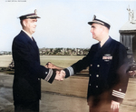 Lieutenant Commander J. O. House, Jr. relieving Commander W. P. Murphy as the commanding officer of USS Carbonero, Mare Island Naval Shipyard, California, United States, 30 Sep 1953