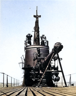 View of conning tower and deck gun of USS Cero, Groton, Connecticut, United States, Jul-Aug 1943