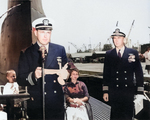 Lieutenant Commander R. A. Harris assuming command of USS Charr, Mare Island Naval Shipyard, California, United States, 30 Jun 1955