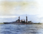 Battleship Colorado at sea off Hawaii, United States in the late 1920s or early 1930s; note two OL-6 aircraft on turret catapult and one UO or FU aircraft on stern catapult