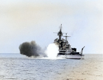 Battleship Colorado bombarding Okinawa, Japan, 29 Mar 1945; cropped photo