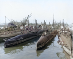 US submarines Bashaw, Mingo, Dragonet, Guavina, Sunfish, Sargo, Spearfish, and Saury at Mare Island Naval Shipyard, California, United States, 6 Dec 1945