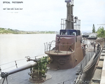 USS Flier at Mare Island Naval Shipyard, Vallejo, California, United States, 27 Apr 1944, photo 1 of 2; note barges YC-312 and YF-509 in background