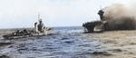 Explosion aboard USS Lexington, 8 May 1942, photo 2 of 2; note USS Hammann nearby; seen from cruiser USS Minneapolis