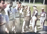 Admiral Walden Ainsworth meeting Captain Charles Carpenter (right) and survivors of USS Helena, 7 Jul 1943