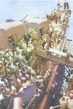 Survivors of USS Helena being transferred from destroyer USS Nicholas to cruiser USS Honolulu, Tulagi, Solomon Islands, 6 Jul 1943, photo 1 of 3