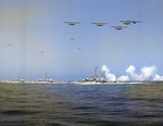 US Navy Destroyer Squadron 20 maneuvering off San Diego, California, United States, 14 Sep 1936; note destroyers Dewey, Hull, and Macdonough, with PBY-1, P2Y, and PM-1 aircraft above