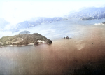 Hyuga sunken in shallow water, near Kure, Japan, 28 Jul 1945; photo taken by USS Shangri-La aircraft