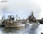 Battleship Indiana at Pearl Harbor Navy Yard, US Territory of Hawaii, 13 Feb 1944, photo 1 of 4; note damage from collision with Washington