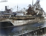 Battleship Indiana at Pearl Harbor Navy Yard, US Territory of Hawaii, 13 Feb 1944, photo 2 of 4; note damage from collision with Washington