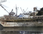 Battleship Indiana at Pearl Harbor Navy Yard, US Territory of Hawaii, 13 Feb 1944, photo 3 of 4; note damage from collision with Washington