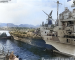 Battleship Indiana at Pearl Harbor Navy Yard, US Territory of Hawaii, 13 Feb 1944, photo 4 of 4; note damage from collision with Washington