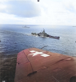 Battleship Indiana underway at sea in the Marshall Islands, 24 Jan 1944; note Camouflage Measure 32 Design 1B