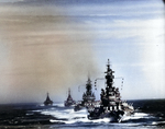 Warships Indiana, Massachusetts, Chicago, and Quincy steaming in a column off Kamaishi, Iwate, Japan, 14 Jul 1945