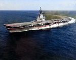 USS Intrepid off Guantanamo Bay, Cuba, 9 Feb 1955; note F2H Banshee aircraft on flight deck