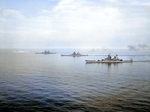 USS Iowa (foreground), USS Wisconsin, USS Missouri, and USS New Jersey (background) off the Virginia Capes, Virginia, United States, 7 Jun 1954