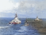 USS Missouri leading USS Iowa into Tokyo Bay, Japan, 30 Aug 1945, photo 2 of 2; note USS Nicholas and USS O