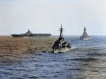 Carrier USS Philippine Sea, destroyer USS Barton, and battleship USS Iowa in the Sea of Japan, 1 Jul 1952