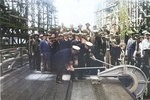 Rear Admiral Clark Woodward driving the first rivet for battleship Iowa at the keel laying ceremony, New York Navy Yard, New York, United States, 27 Jun 1940