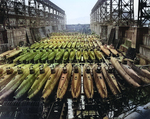 Koryu-class submarines, along with at least three other classes, at Kure Naval Arsenal, Japan, 19 Oct 1945, photo 1 of 2