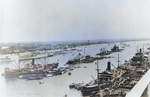 French cruiser La Motte-Picquet (only stern visible), USS Chaumont, and Italian cruiser Bartolomeo Colleoni at Shanghai, China, late May or early Jun 1939