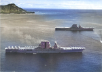 USS Saratoga (foreground) and USS Lexington (background) off Honolulu, Oahu, US Territory of Hawaii, with Diamond Head in the background, 2 Feb 1933