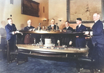 RAdm David Taylor, RAdm William Moffett, Congressman Frederick Hicks, Congressman Clark Burdick, Congressman Philip Swing, and RAdm John Robison with models of Lexington-class carrier conversion, Navy Department, Washington DC, United States, 8 Mar 1922