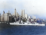 Louisville steaming past Battery Park at the southern tip of Manhattan Island, New York City, United States, 1934