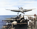 TBM-3 Avenger aircraft launching from USS Makin Island en route Wakayama, Japan to cover the evacuation of Allied prisoners of war, Sep 1945