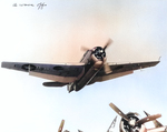 TBM-3 Avenger making low and slow pass over other Avenger aircraft on the flight deck of USS Makin Island, 1945