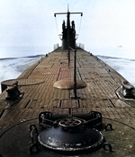 Looking forward along deck from stern of USS Marlin, off coast of New London, Connecticut, United States, Aug 1943