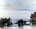 Anti-aircraft gunfire seen above American ships against French fighters, off Casablanca, Morocco, early morning of 8 Nov 1942; seen from the after deck of battleship Massachusetts