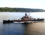 Battleship Massachusetts underway at 15 knots off Point Wilson, Washington, United States, 11 Jul 1944