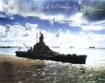 Battleship Massachusetts sailing into Ulithi anchorage in the Caroline Islands, 24 Nov 1944; note autograph of Chester Nimitz