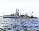 Memphis off New York City, United States, 2 Nov 1942, with a barge and harbor tug alongside, photo 1 of 2