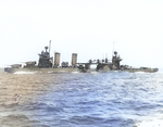 USS Minneapolis en route to Pearl Harbor, Hawaii, United States for repairs, circa Jan 1943; note wrecked bow as result of torpedo hit during Battle of Tassafaronga of 30 Nov 1942