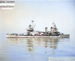 Minneapolis off Mare Island Navy Yard, California, United States after completion of overhaul and repairs, 4 Sep 1943; note camouflage meant to disguise her as a destroyer