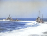 Destroyer Dale leading destroyer Monaghan through a turn during an exhibition off San Diego, California, United States by US Navy Destroyer Squadron 20 for Movietone News, 14 Sep 1936