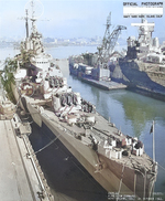 USS Montpelier at Mare Island Navy Yard, California, United States following overhaul, 21 Oct 1944; USS Indianapolis in background