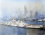 Battleship New Jersey being moved from the New York Navy Yard to the New York Group, Atlantic Reserve Fleet based at Bayonne, New Jersey, United States, early 1948