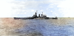 USS North Carolina in Ms32/18d early pattern camouflage in the Marshall Islands, 25 Jan 1944; photo taken from USS Intrepid; note Fletcher-class destroyer in distance