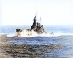 USS North Carolina in heavy seas, off the Philippine Islands, 12 Dec 1944, photo 1 of 2