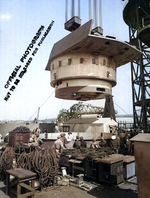 Installation of the No. 3 turret of battleship North Carolina, New York Navy Yard, Brooklyn, New York, United States, 7 Sep 1940, photo 2 of 2