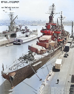 Cruiser Pensacola at end of her final overhaul, with circles marking alterations to the ship, Mare Island Navy Yard, California, United States, 3 Jul 1945; note cruiser Indianapolis and lighter YF-390