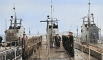 US Navy officers inspecting USS Permit, New York, United States, circa late 1937; note USS Pollack and USS Plunger flanking USS Permit