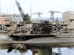 Portside amidships of USS S-28 at Puget Sound Navy Yard, Bremerton, Washington, United States during inclining experiment, 11 Jun 1943