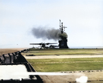 US Navy TDN-1 drone test from the decks of the training carrier USS Sable while steaming in reverse in Grand Traverse Bay, Michigan, United States, 10 Aug 1943. This particular test was unsuccessful. Photo 1 of 4.